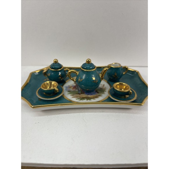 Vintage Porcelain Miniature Limoges France Tea Set Teal And Gold. Made In France